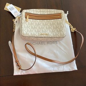 White and tan Michael Kors cross body purse